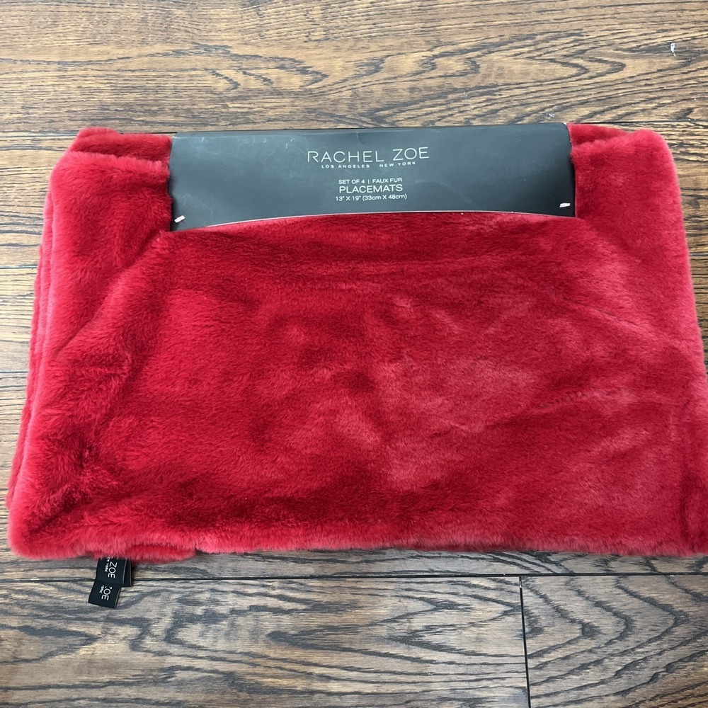 Rachel Zoe Red Faux Fur Table Placemats NEW Set of 4 Kitchen Decor Okeo Tex